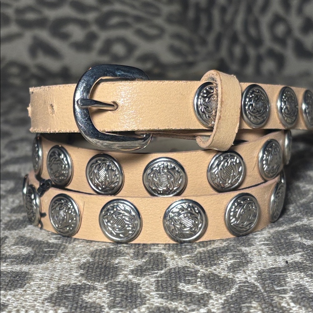 Tan Leather Belt with Silver Accent studded concho metal accent statement baddie